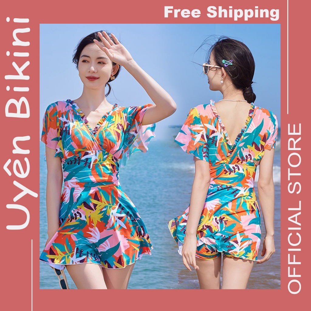 Bikini đi biển đồ bơi nữ liền thân bigsize cổ V quần đùi che khuyết kiểm bụng và bắp tay V01