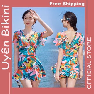 Bikini đi biển đồ bơi nữ liền thân bigsize cổ V quần đùi che khuyết kiểm bụng và bắp tay V01