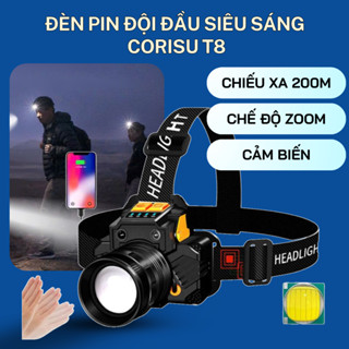 Đèn pin đội đầu siêu sáng chip led T8 chiếu xa 200m, cảm biến bật tắt, zoom xoay cơ học, sạc ngược cho điện thoại