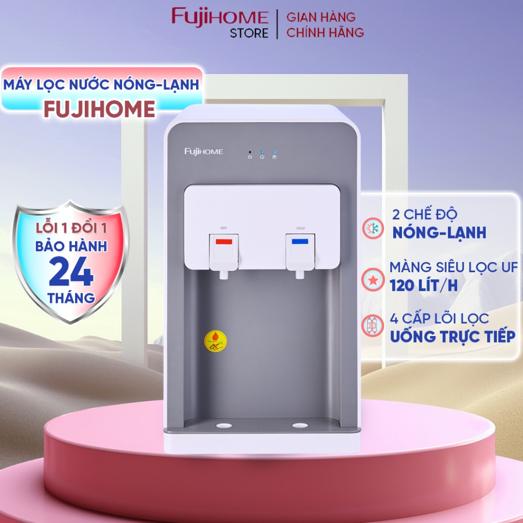 Máy lọc nước làm nóng lạnh 2 vòi để bàn Fujihome Nhập Khẩu, lọc nước UF 4 cấp lõi lọc từ nguồn màng siêu lọc Hàn Quốc