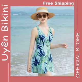 Đồ bơi nữ bikini liền thân lá xanh che khuyết điểm eo bụng có bigsize đồ đi biển bikini V03