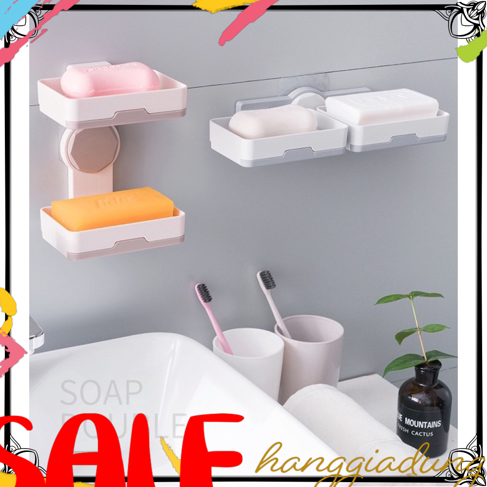 (Tặng miếng dán) Kệ Xà Bông 2 Lớp E44 Dán Tường Có Thể Xoay Đa Năng Cao Cấp HGDE44