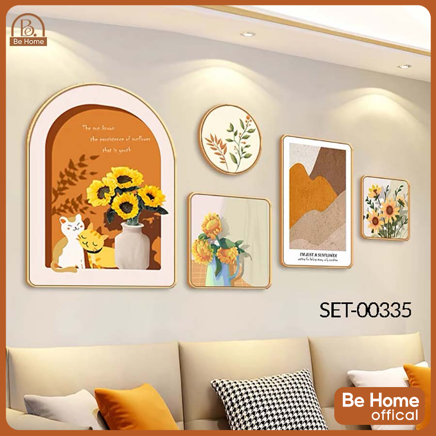 Set 5 Tranh Tráng Gương Hiện Đại, Mèo Con, Hoa, Viền Composite,Trang Trí Phòng Khách, Phòng Ngủ, Hom