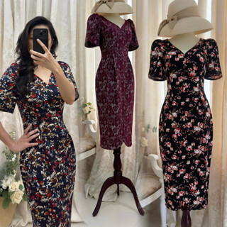  Đầm Midi cổ tim tay nụ hồng eo thun dáng bút chì _ D4.908 