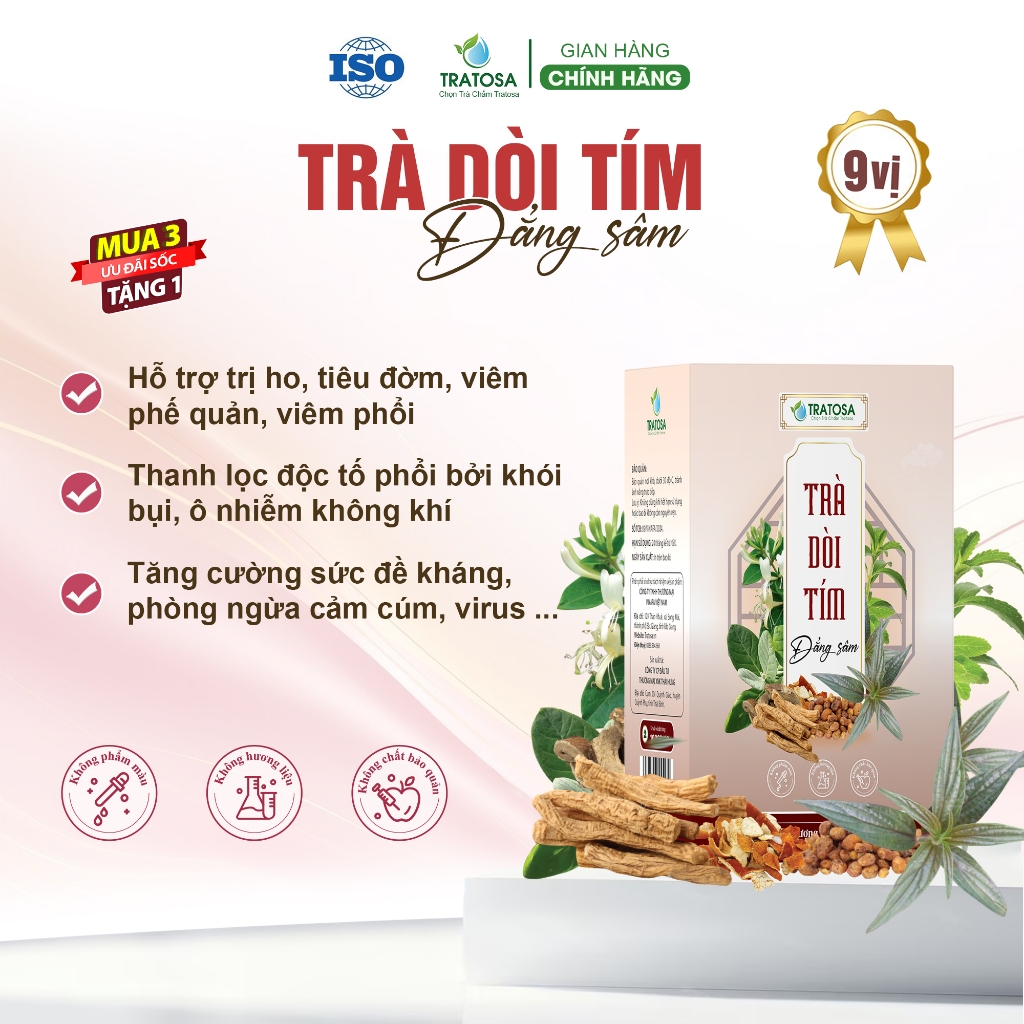 Trà Dòi Tím Đẳng Sâm 9 vị TRATOSA giúp thanh lọc phổi, hỗ trợ trị ho, viêm phế quản, phổi phòng ngừa
