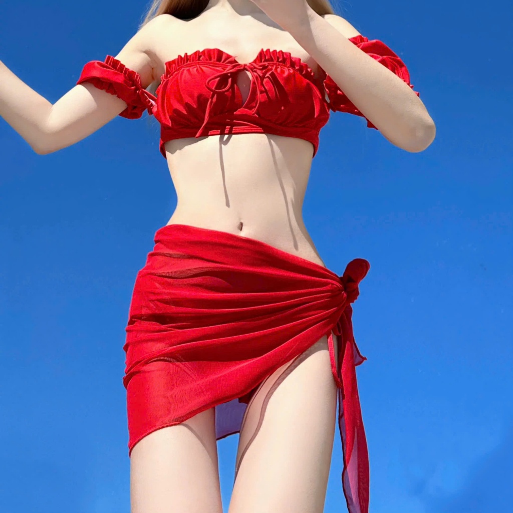 Bikini đi biển tay phồng trễ vai dây buộc màu đỏ sexy . Đồ bơi nữ đi biển quyến rũ sẵn đệm mút fs <55kg - Mã H15 | BigBuy360 - bigbuy360.vn