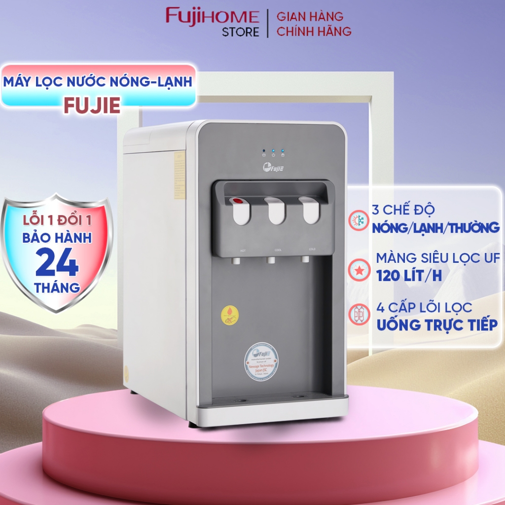 Máy lọc nước nóng lạnh 4 cấp lọc gia đình FujiE WPD508C Nhập khẩu, máy lọc nước mini để bàn 3 vòi tự ngắt tiết kiệm điện