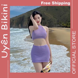 Đồ bơi nữ bikini hai mảnh len móc tím quảng châu cao cấp áo yếm sẵn mút kèm chân váy CV59