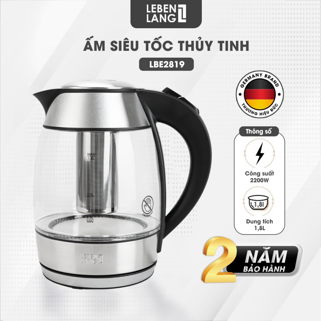 Ấm siêu tốc 1.8 lít bình thủy tinh LEBENLANG LBE2819 gồm lõi lọc trà bằng inox, bảo hành 2 năm