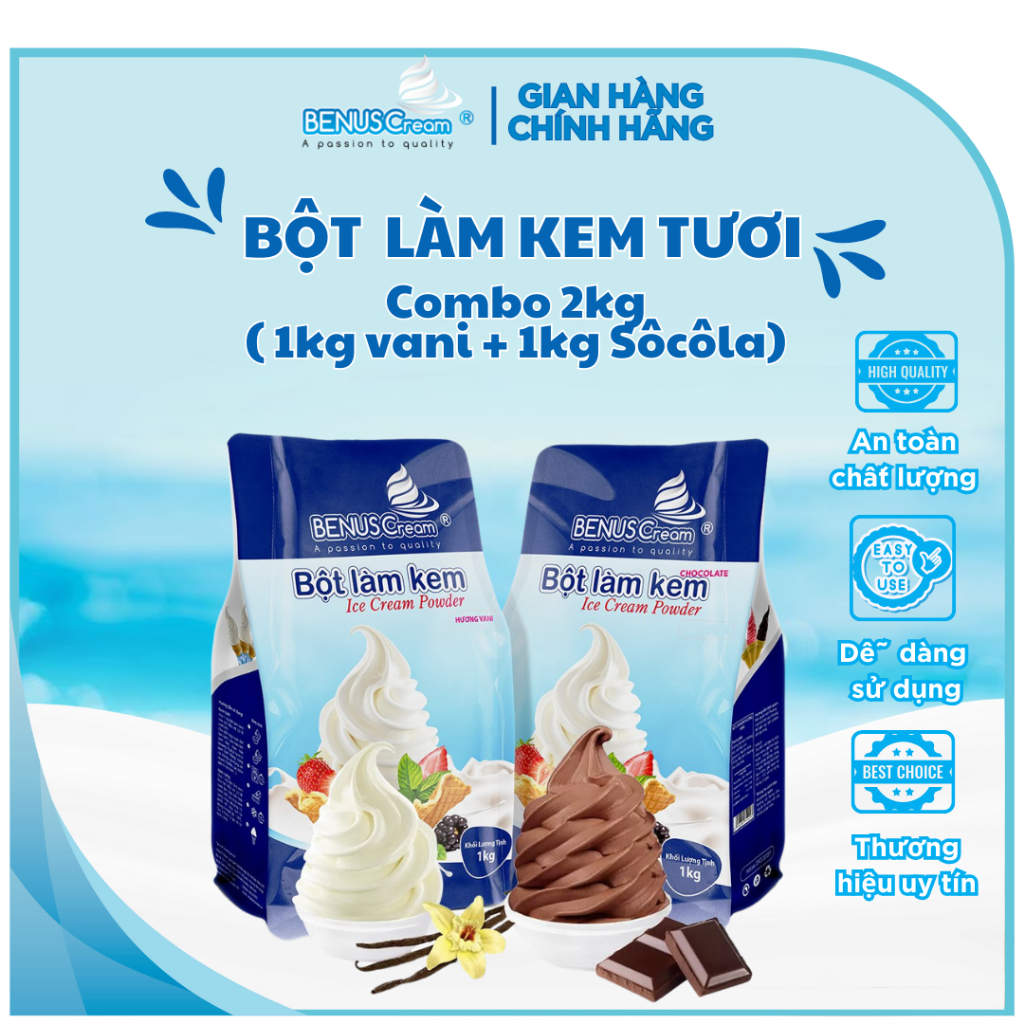 Combo 2kg Bột làm kem tươi BENUSCream (1kg vani + 1kgsocola)