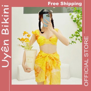 Đồ bơi áo tắm bikini set 3 món hoa mới kèm khăn quấn gọng nâng ngực quần cạp cao hách dáng S2