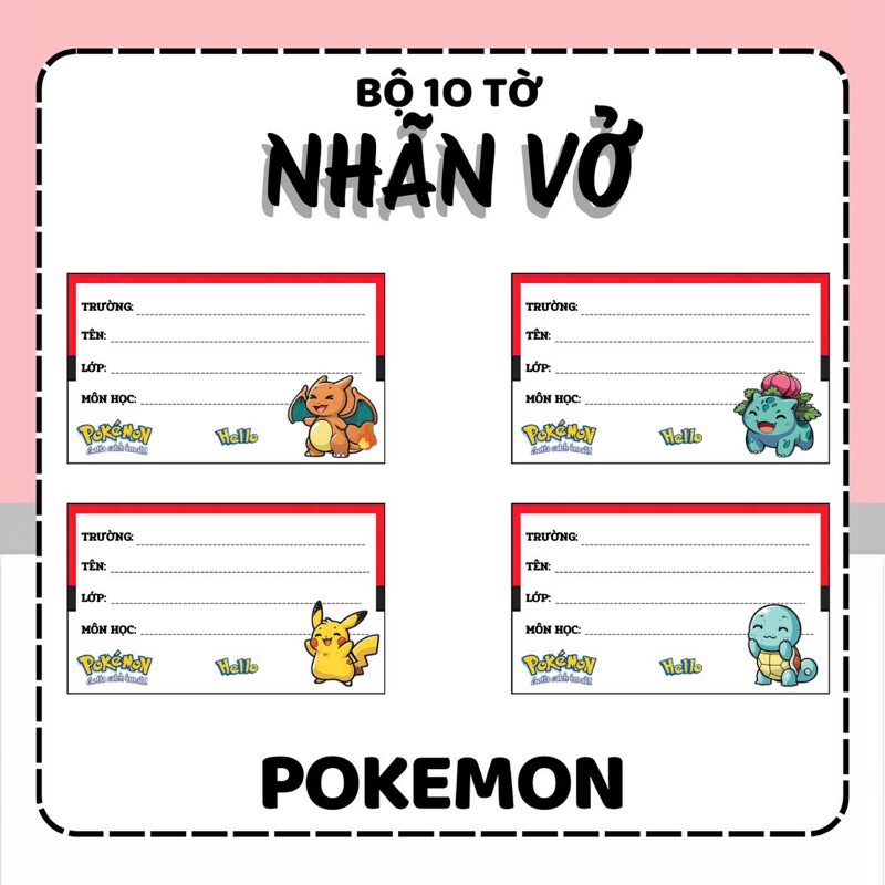 [Nhãn vở Pokemon] Gói 10 miếng nhãn vở anime, nhãn dán tập, sách