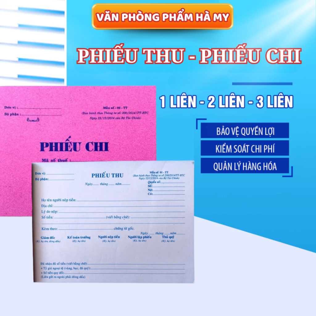 Combo 2 Cuốn Phiếu Thu, Phiếu Chi 1 Liên 2 Liên, 3 Liên Khổ 13 x 19cm
