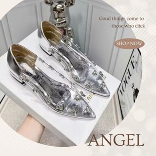 Giày Búp Bê Nữ Pha Lê, Giày Nữ Pha Lê Trong Suốt Đính Đá Đế Đỏ Mũi Bịt 2CM Hàng Chuẩn Full Box - N06