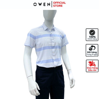 Áo sơ mi ngắn tay nam OWEN AR240032N công sở cao cấp chất nano màu xanh nhạt kẻ ngang dáng suông tà lượn không có túi