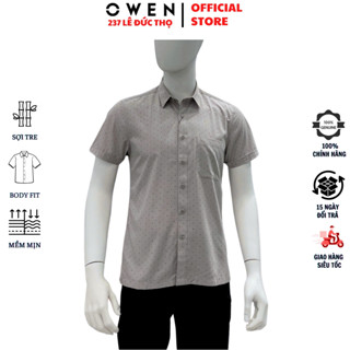  Áo sơ mi nam ngắn tay OWEN AB240063NT somi màu be họa tiết chấm bi dáng body fit tà bằng có túi vải sợi tre chống nhăn 