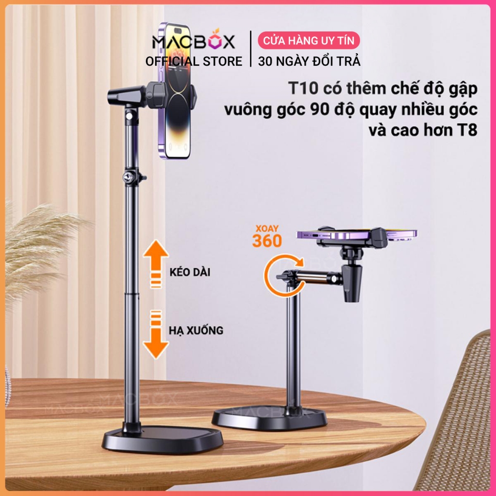 Giá đỡ điện thoại, kẹp điện thoại Livestream T8, T10 tùy chỉnh cao độ, góc quay, video call Macbox | BigBuy360 - bigbuy360.vn