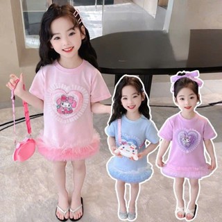  Váy áo cộc tay hè cho bé gái áo thun cổ tròn dấu quần tay ngắn đính ren tutu hoạt hình công chúa kim sa Kuromi 