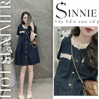 Váy bầu xinh, đầm bầu dự tiệc dáng babydoll cổ tàu cúc cài, phối viền ren thời trang sành điệu, vải bò cao cấp