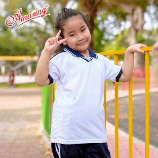 Áo thể dục 3 sọc vai cho bé gái đi học, vải thun cotton trắng phối xanh,hút mồ hôi, cổ tròn và cổ bẻ