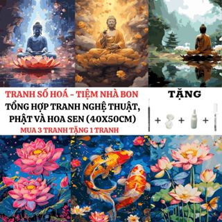 (40X50cm-CÓ BACKBOARD) Tổng hợp tranh tô màu theo số NGHỆ THUẬT, PHẬT VÀ HOA SEN sẵn khung, cọ vẽ, màu vẽ