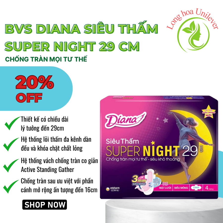 Băng Vệ Sinh Diana Super Night Ban Đêm 29cm 1 Gói 4 Miếng ( Lốc 6 gói )