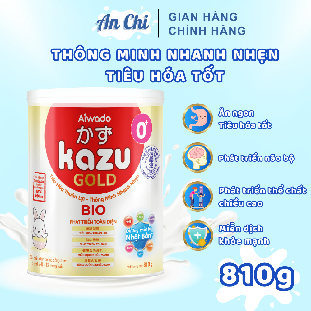 Sữa Aiwado Kazu Bio Gold 0, 1+ Lon 810g, Sữa Bột Cho Bé Tiêu Hóa Tốt, Thông Minh