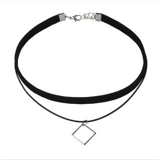Vòng cổ choker dây chuyền nữ vải màu đen 2 tầng mặt hình học phong cách hàn quốc cá tính