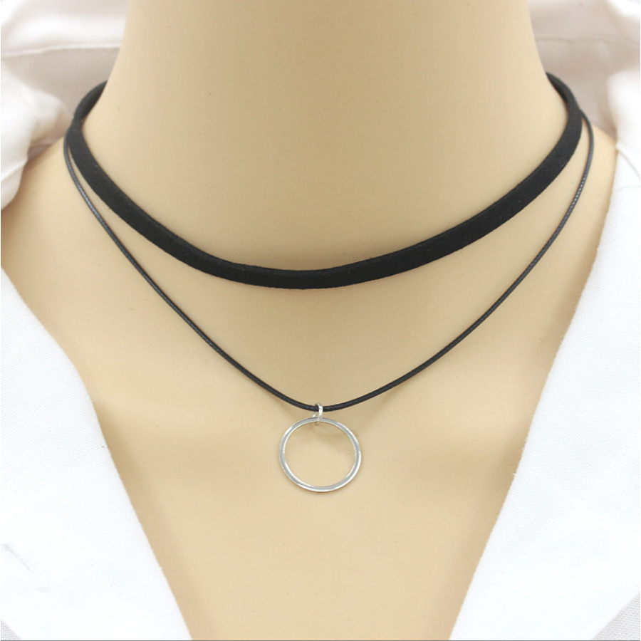 Vòng cổ choker dây chuyền nữ vải màu đen 2 tầng mặt hình học phong cách hàn quốc cá tính