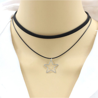 Vòng cổ choker dây chuyền nữ vải màu đen 2 tầng mặt hình học phong cách hàn quốc cá tính