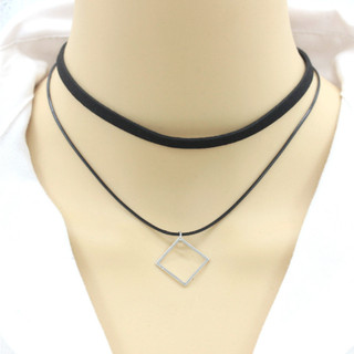 Vòng cổ choker dây chuyền nữ vải màu đen 2 tầng mặt hình học phong cách hàn quốc cá tính
