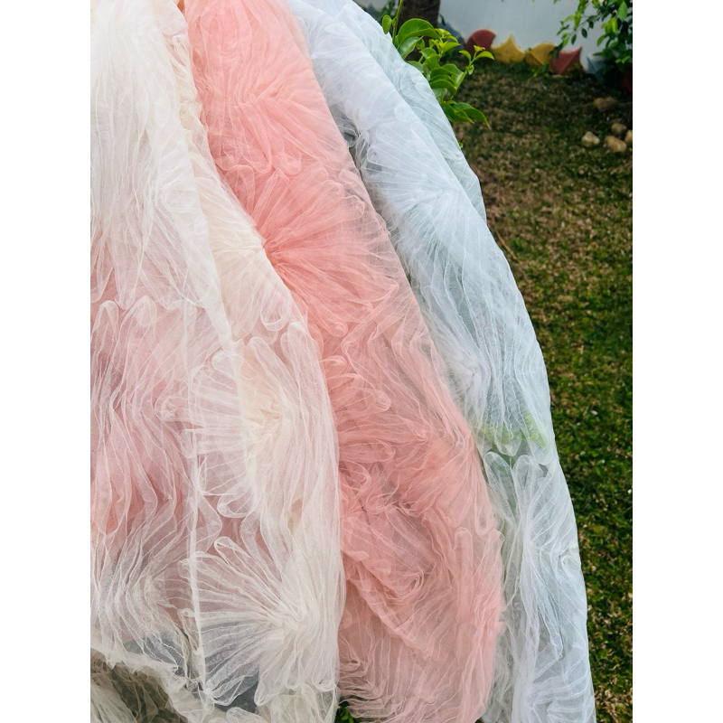vải ren lưới đính hoa nổi 3D tông màu pastel