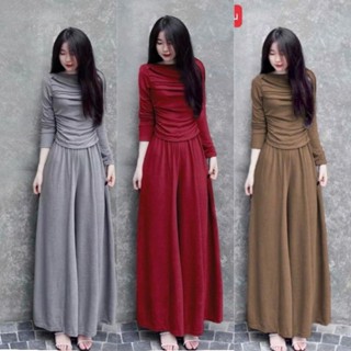 Set Bộ Ủ Kem Thun Tăm Quần Ống Rộng Áo Dài Tay Nhún Eo Mặc Nhà Đi Chơi - S9