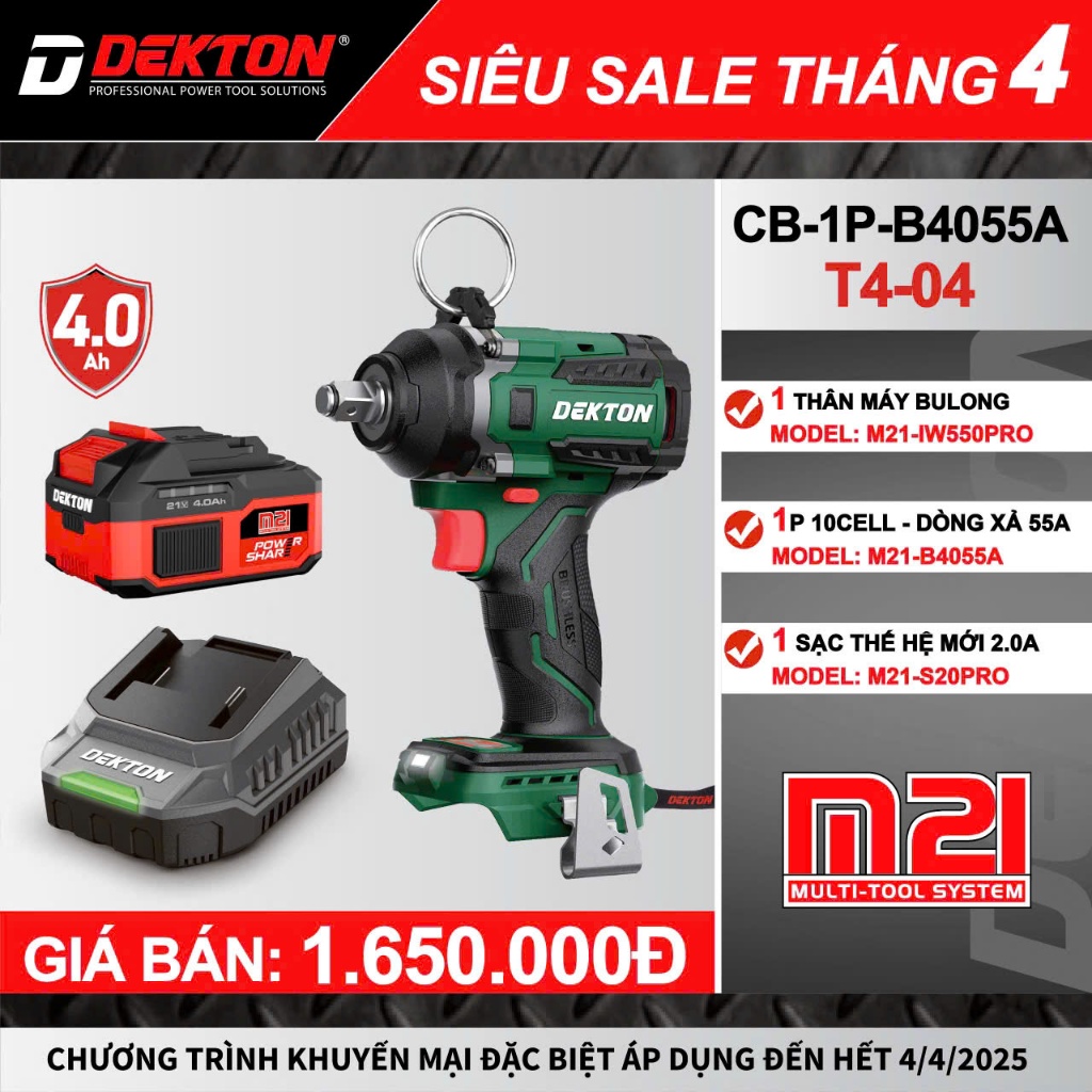 [ COMBO SIÊU HỜI ] Máy siết bu lông dùng pin 21V 550N.m Dekton M21-IW550PRO + 1 Pi.n 4Ah M21-B4055A 