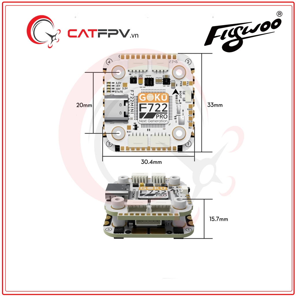 Tháp Mạch Flywoo GOKU F722 Pro Mini V2 45A 32Bit 128K 20X20