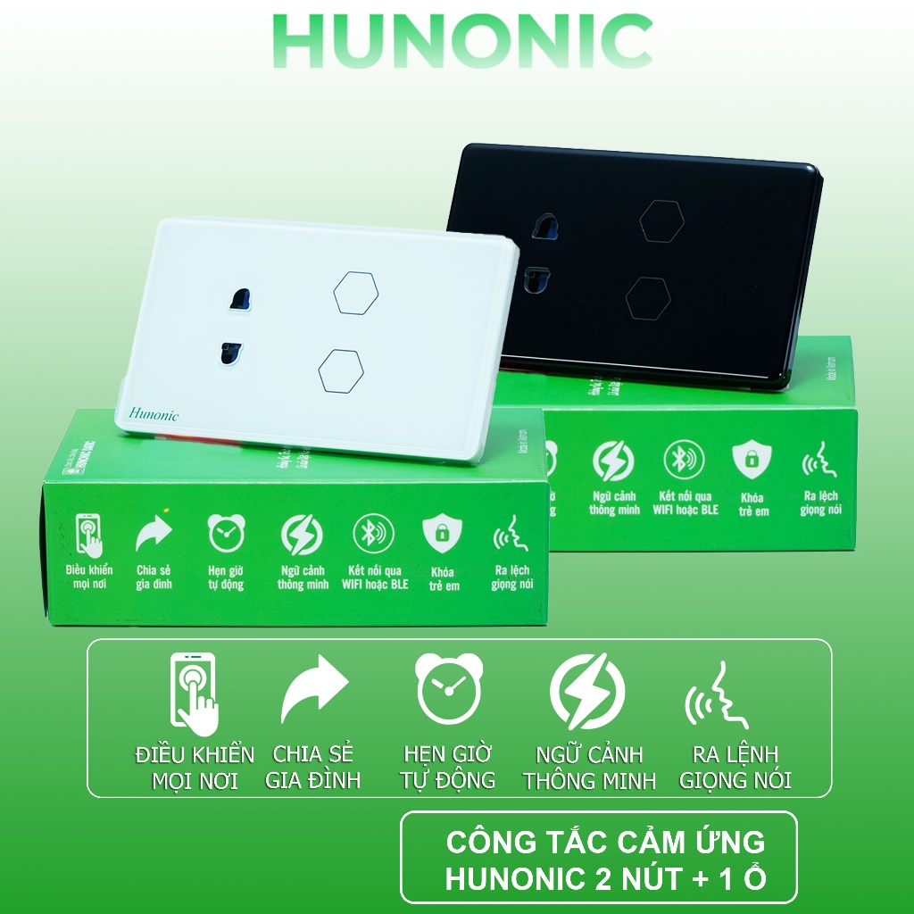 Công Tắc Cảm Ứng Thông Minh Wifi Hunonic Datic, Công Tắc Thông Minh Kèm Ổ Cắm 2IN1
