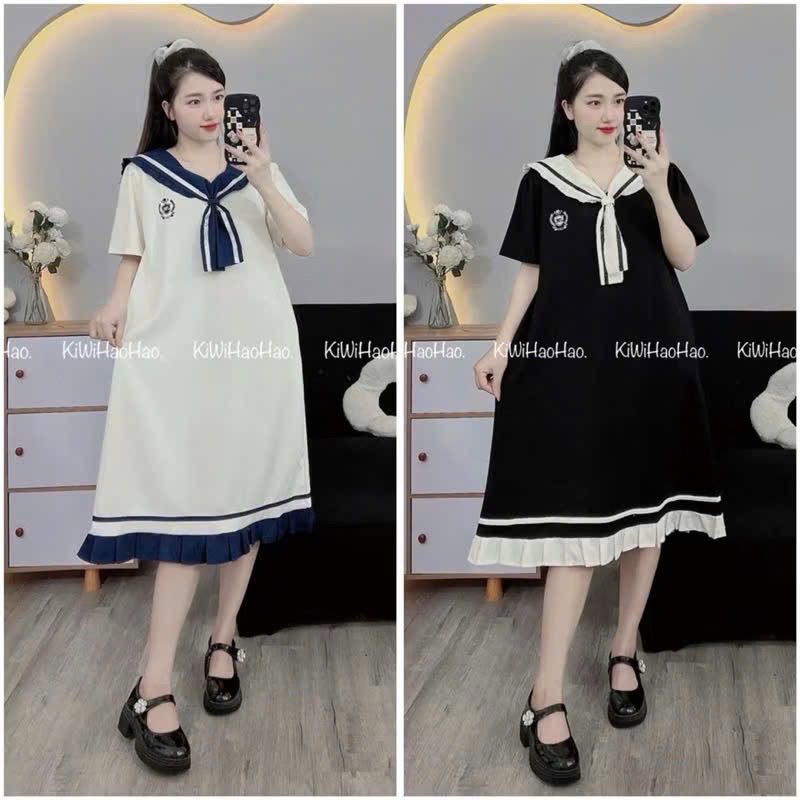 Váy YT100, Đầm Suông Cổ Thuỷ Thủ Dáng Dài From Rộng Chất Cotton Đẹp Sang Chảnh | BigBuy360 - bigbuy360.vn