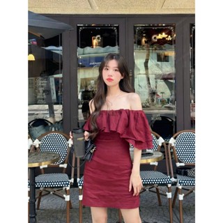 [tặng thun tóc] đầm body ngắn trễ vai bèo màu đầm đỏ đô có khóa kéo sau 2 size S, M 135L