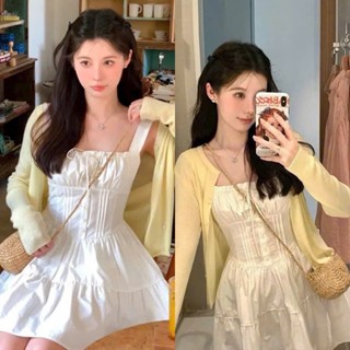 BIGSIZE HIẾU HIẾU (55-95KG) - Váy nữ 2 dây trắng dáng ngắn + Áo khoác tay dài màu vàng diện hè D436