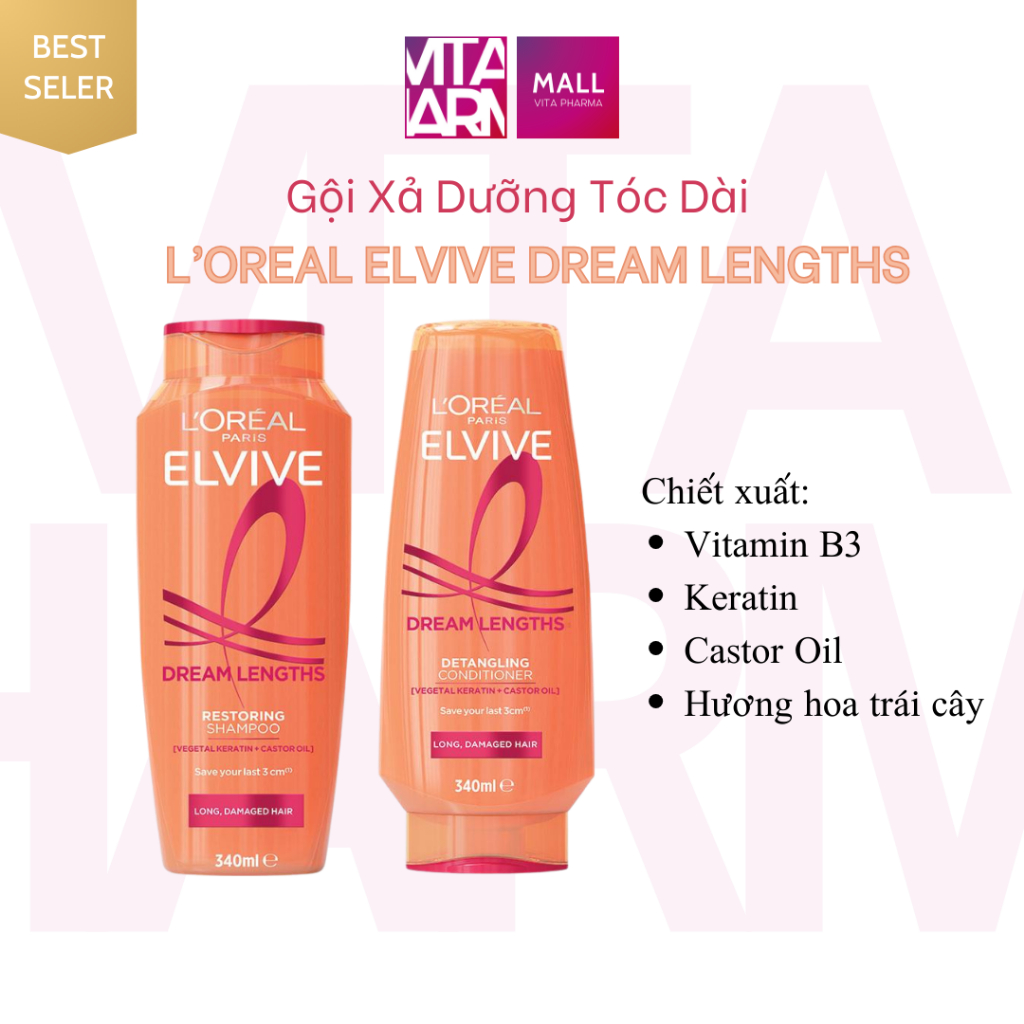 [MẪU MỚI] Bộ Đôi Gội Xả Nuôi Dưỡng Tóc Dài L’Oreal Paris Elvive Dream Lengths Restoring Shampoo 340m