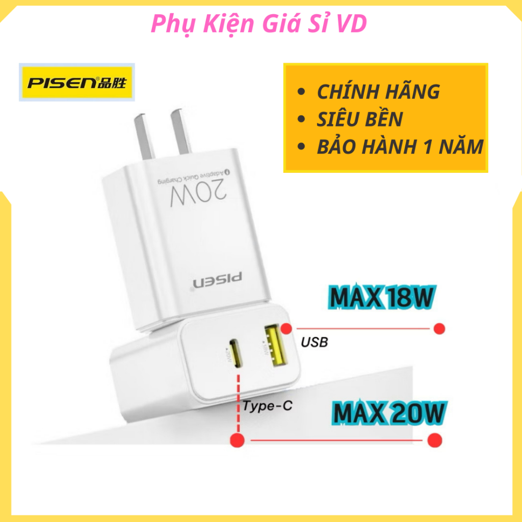 Củ Sạc Pisen 20w Chính Hãng 2 Cổng USB 18W và Type C 20w Siêu Xịn Tiện Lợi_Bảo Hành 12 Chính Hãng