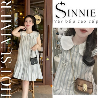 Váy bầu công sở, đầm bầu dáng babydoll thiết kế kẻ sọc đuôi cá xếp ly phối cổ sen trắng sát nách viền bèo new hot 2025