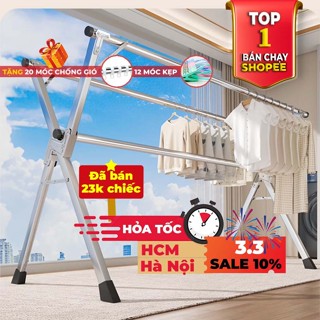 Sào Phơi Quần Áo ( NEW) giàn phơi Tặng 20 móc chống bay 12 móc kẹp, Giá INOX Gấp Gọn, Treo Đồ Thông Minh Dạng Cây