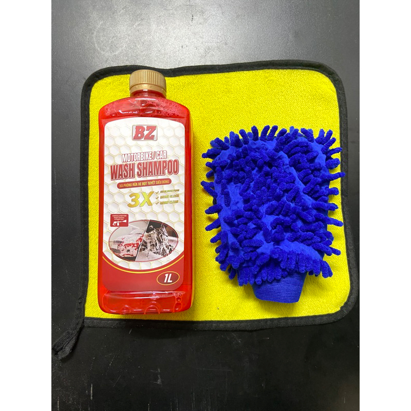 Combo Nước Rửa Xe BZ, Xà Bông BZ Kèm Bao Tay Rửa Xe Và Khăn Lau Đa Năng