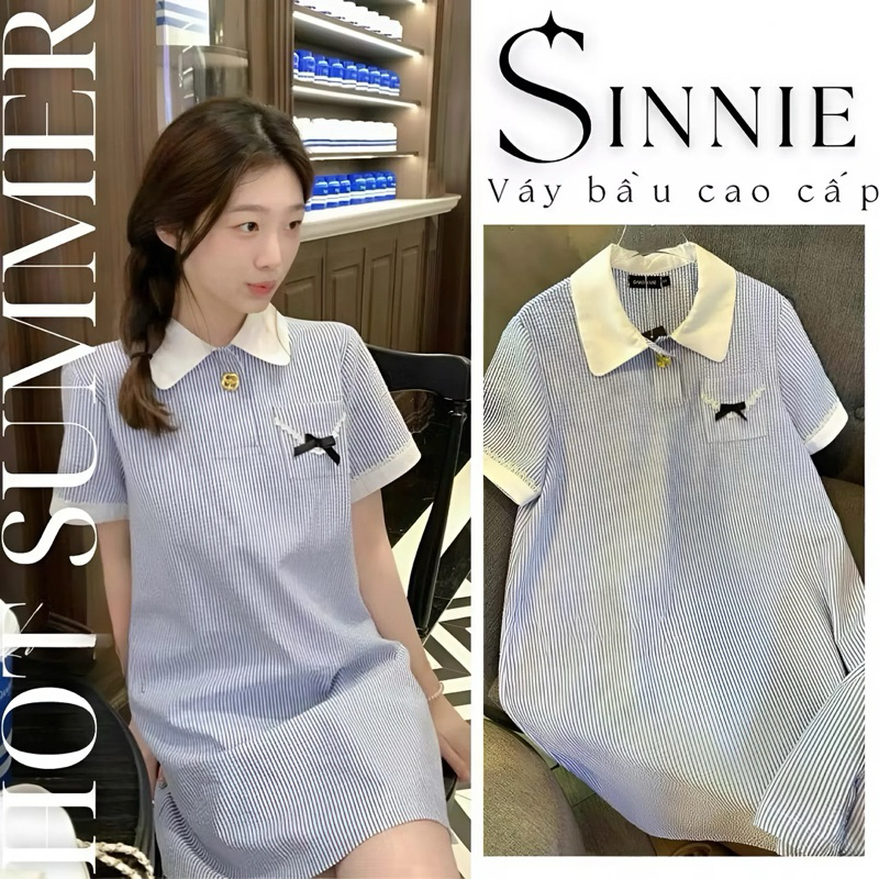 Váy bầu xinh, đầm bầu đẹp dáng babydoll xinh xắn, cổ sơ mi tiểu thư thanh lịch,phối họa tiết nơ đính ngực đáng yêu