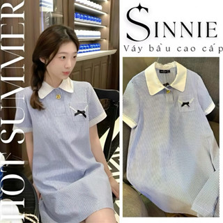 Váy bầu xinh, đầm bầu đẹp dáng babydoll xinh xắn, cổ sơ mi tiểu thư thanh lịch,phối họa tiết nơ đính ngực đáng yêu