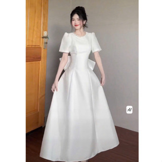  Đầm tiểu thư sang chảnh váy tafta dáng dài phối nơ cổ tròn đính đá khuy sau dáng dài hàng tk bao sang NA199 