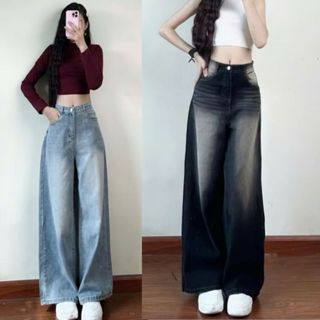 Quần jean xuông ống rộng Bigsize nữ phối màu loang xanh đen đứng phom mềm mại tôn dáng 50-92kg - QUẦN JEAN XUÔNG