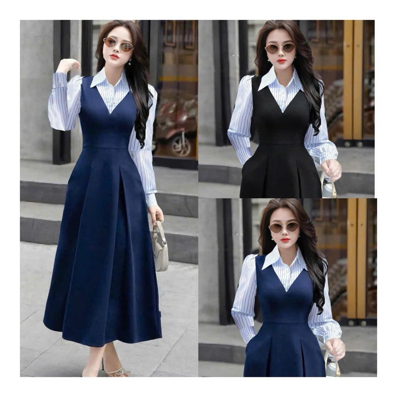    N022   Đầm váy thiết kế EllY Cổ Sơ Mi Sọc Xanh Dáng Xoè Tay Dài Cho Nữ Đi Chơi Đi Tiệc Đi Làm - Women 