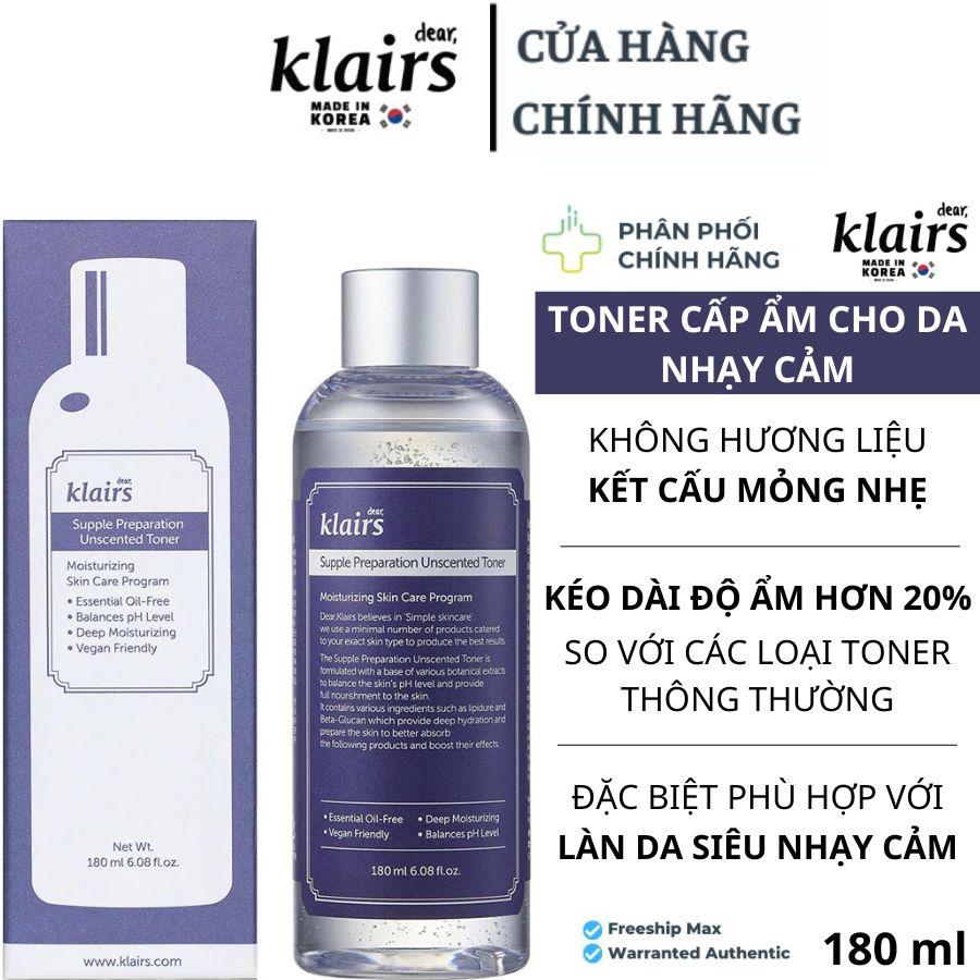 Nước Hoa Hồng Klairs Supple Preparation Toner 180ml- Size Tiện Lợi, Dưỡng Ẩm Dịu Nhẹ Cho Da Nhạy Cảm